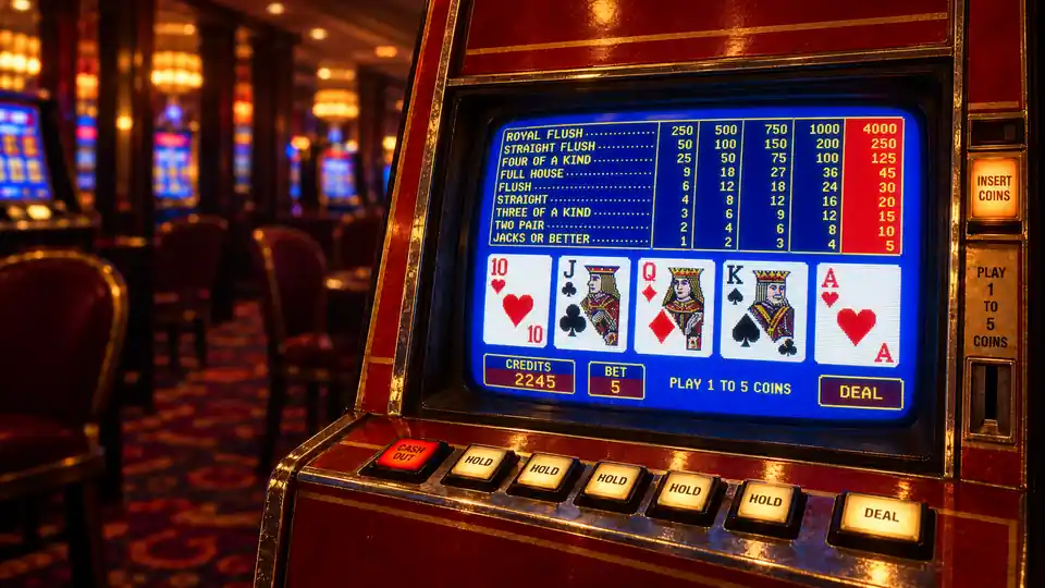 A red and gold video poker machine with a blue Jacks or Better screen and five hold buttons